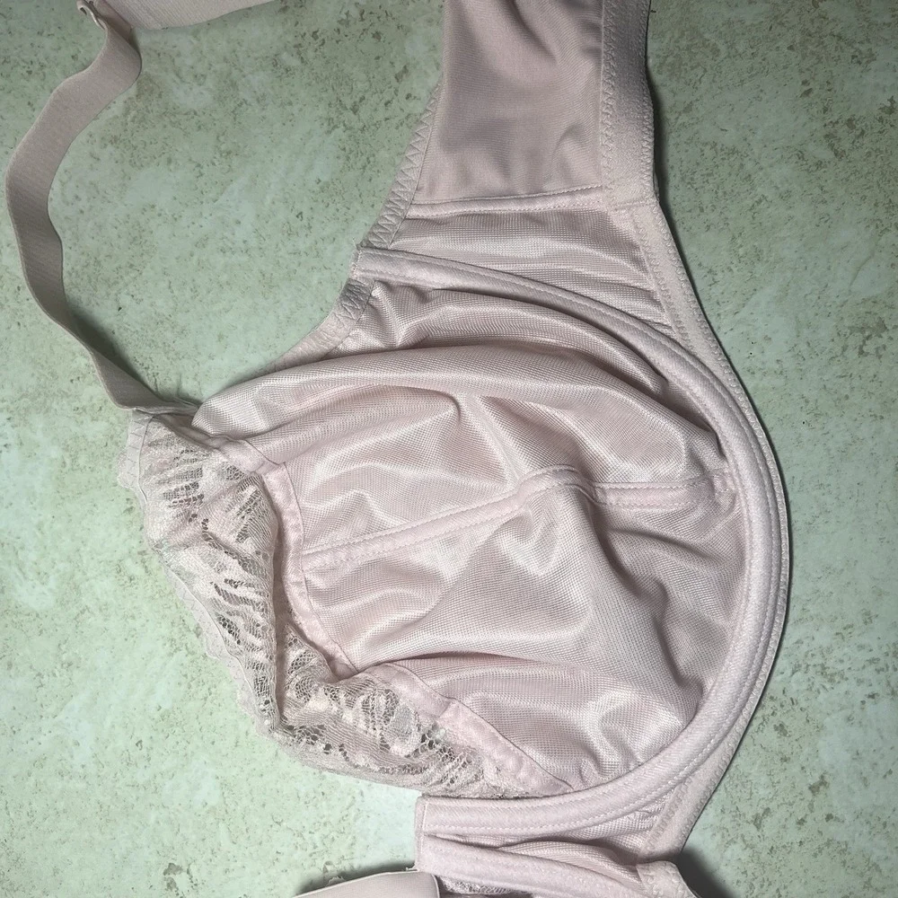 UNDERSTANCE Fay Crossover Powder Pink Minimizer Bra 38L Luxury Mesh Lace NWT